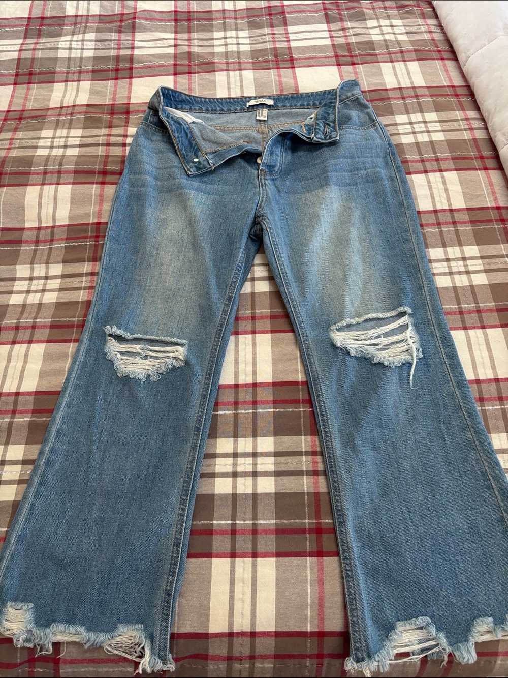 Forever 21 Light Blue Distressed Wide-Leg Jeans